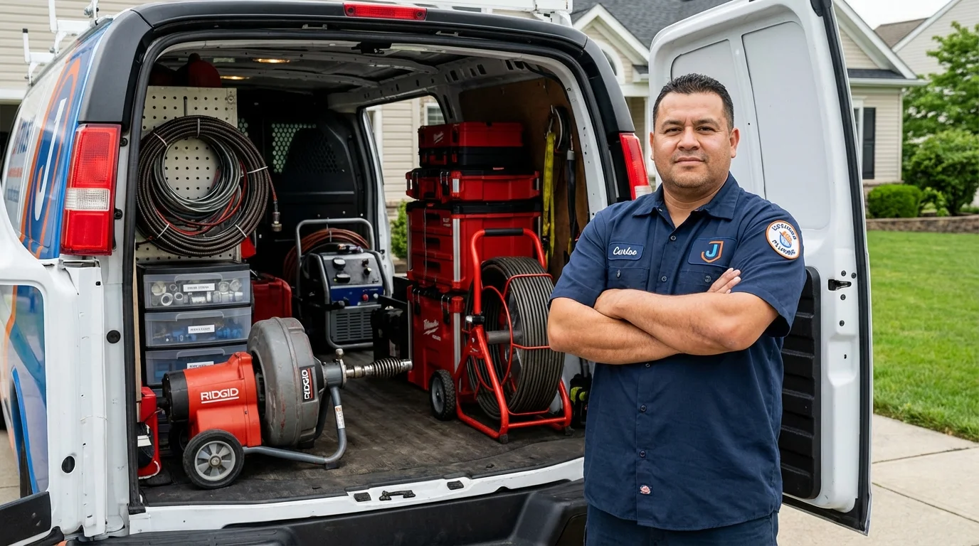 Professional drain cleaning equipment and Johns Plumbing LLC plumber in Buxton