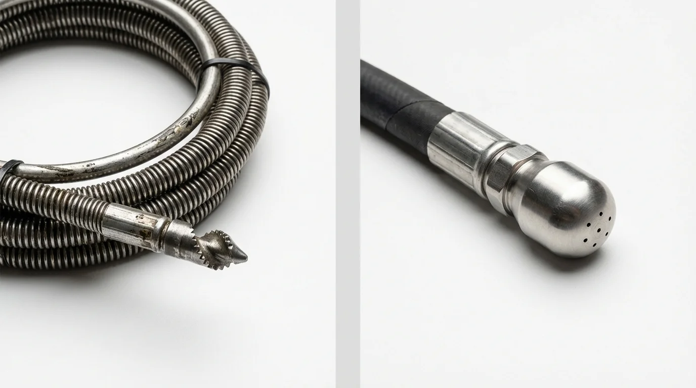 Drain snake cable and hydro jetting nozzle used for drain cleaning in Buxton, NC