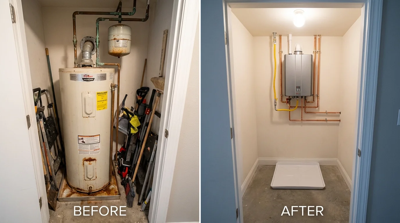 Tank water heater versus wall-mounted tankless unit comparison for Buxton, NC homeowners
