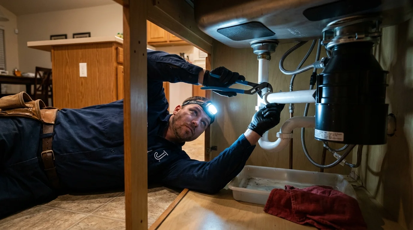 P-trap and supply line connections under a kitchen sink showing a common leak point in Buxton, NC